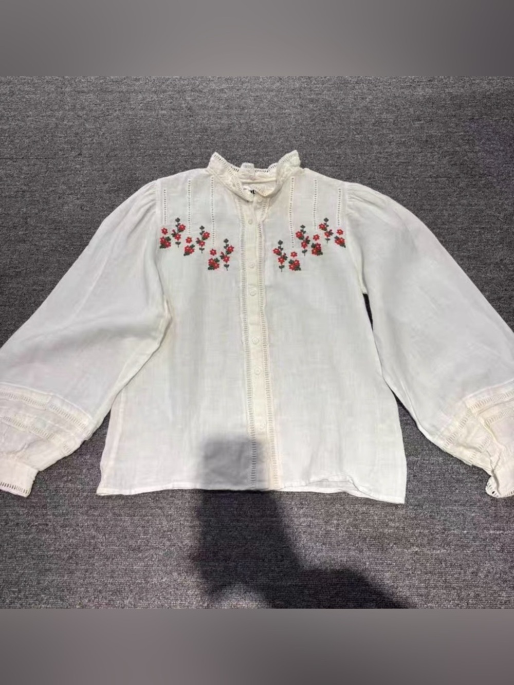 Rouje White Girls Embroidered Red Floral Button-Up Blouse